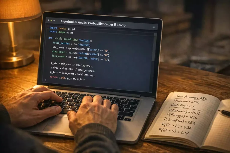 Schermo di un laptop con codice Python per un algoritmo di scommesse calcistiche