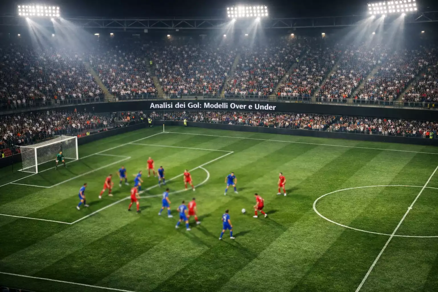 Campo da calcio visto dall'alto durante una partita con sovrapposizione di statistiche