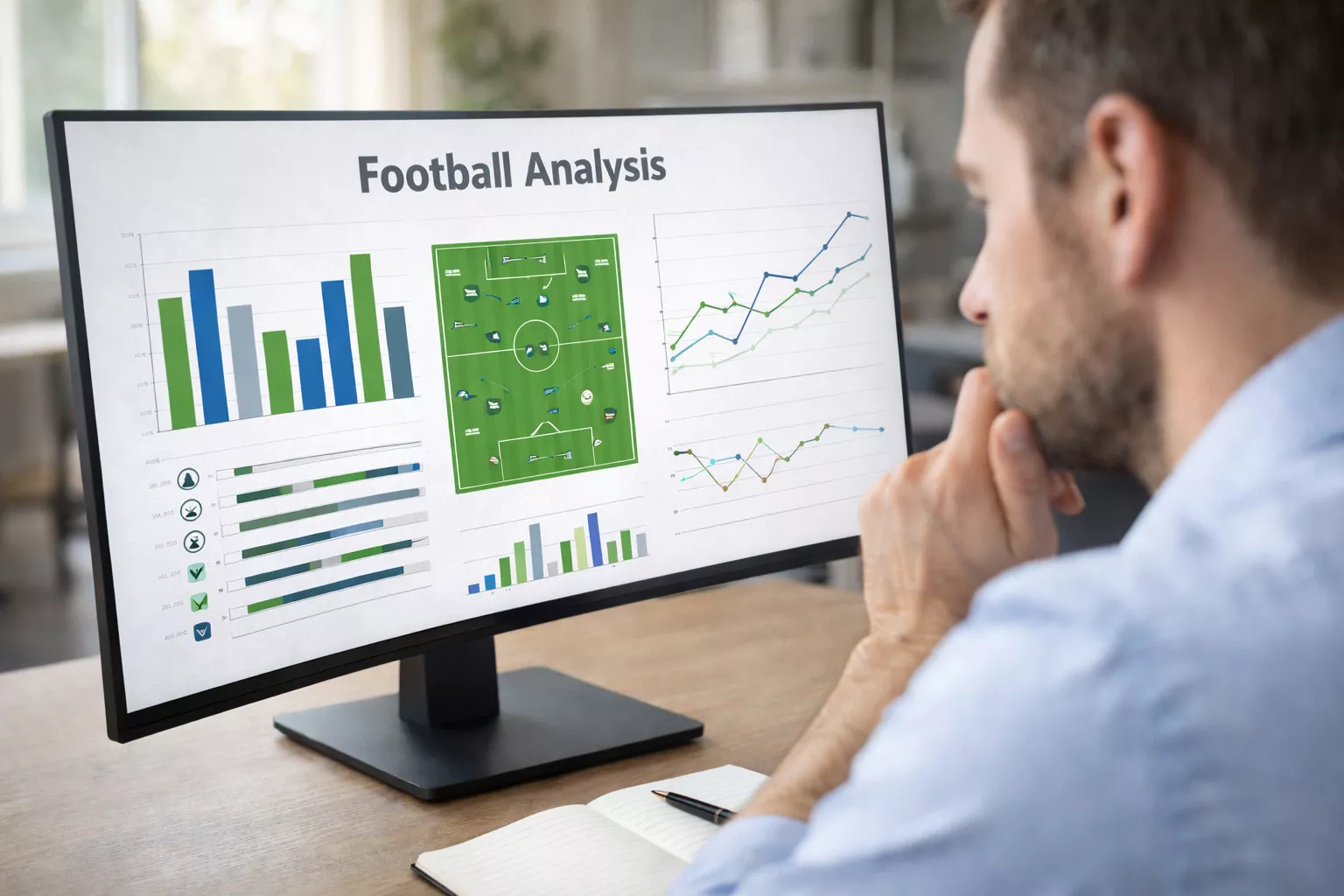 Analista che studia statistiche calcistiche su monitor con grafici delle performance delle squadre