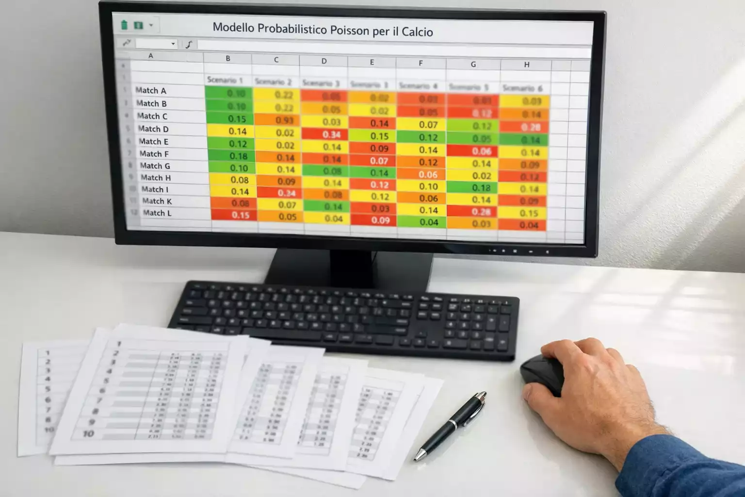 Foglio di calcolo con tabelle numeriche per un modello di scommesse calcistiche