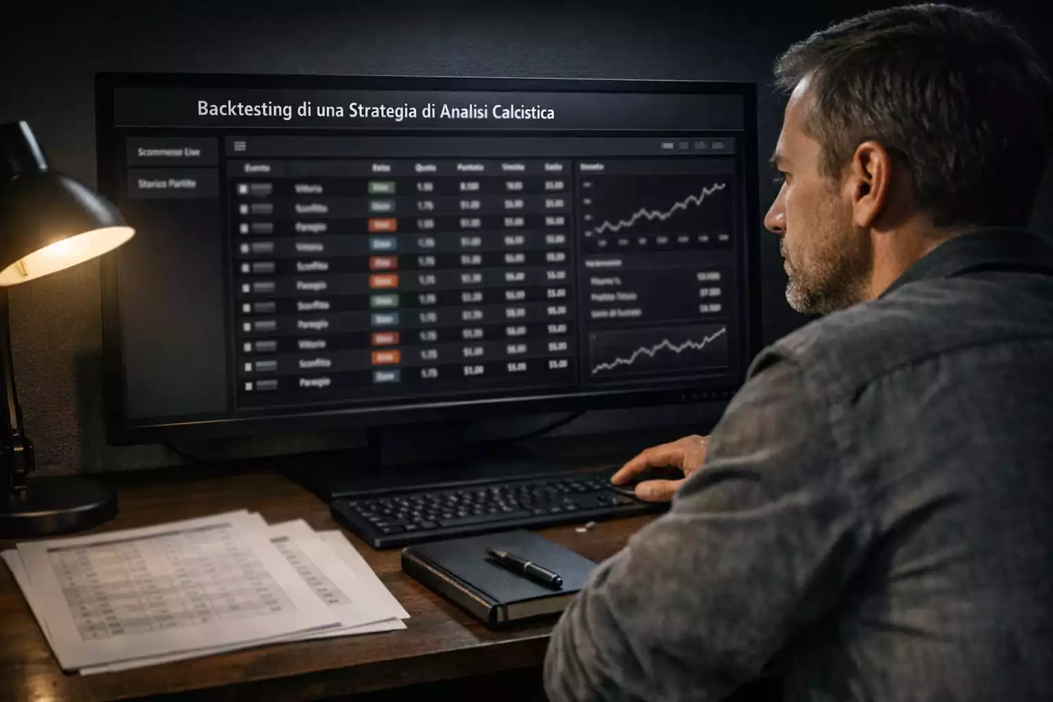 Analista che studia grafici di rendimento per il backtesting di scommesse calcistiche
