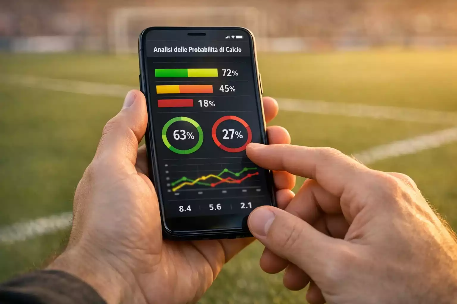 Smartphone con app di pronostici calcistici appoggiato su un campo da calcio in erba