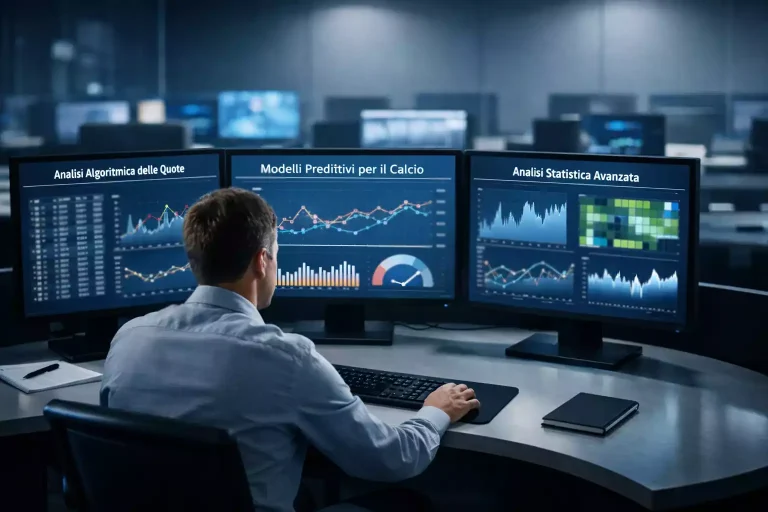 Sala operativa di un bookmaker con trader davanti a monitor di quote calcistiche in tempo reale