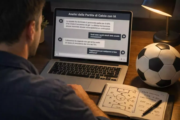Persona al laptop che interagisce con un chatbot IA per analisi pre-partita di calcio