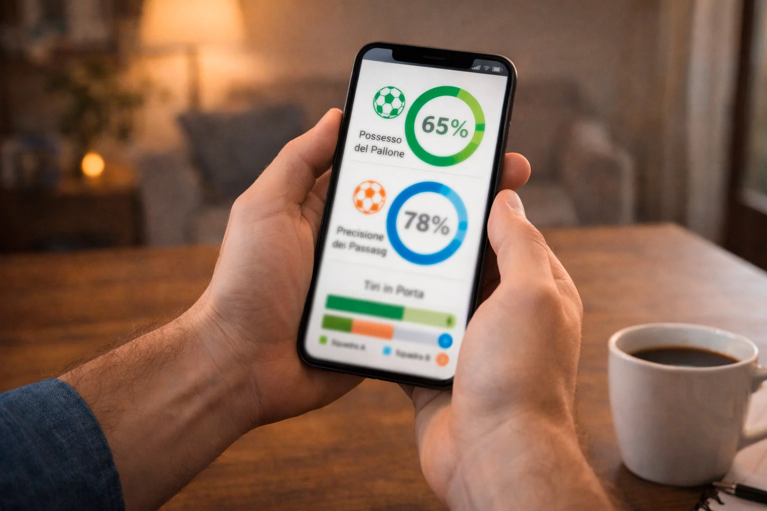 Smartphone con applicazione di pronostici calcistici che mostra percentuali di probabilità