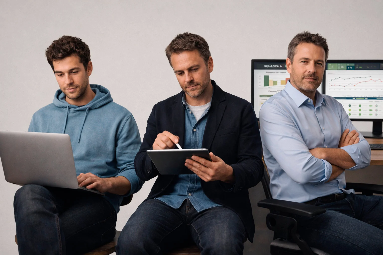 Tre persone diverse che rappresentano principiante intermedio e professionista nel betting