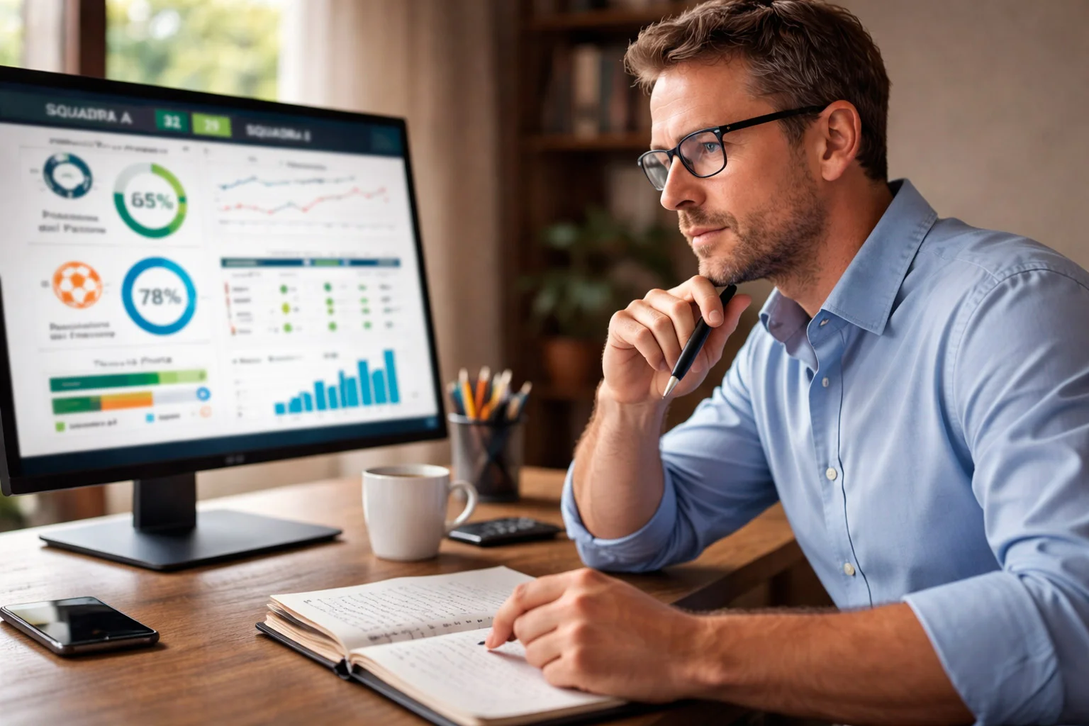 Analista umano e schermo con intelligenza artificiale che collaborano su previsioni calcistiche