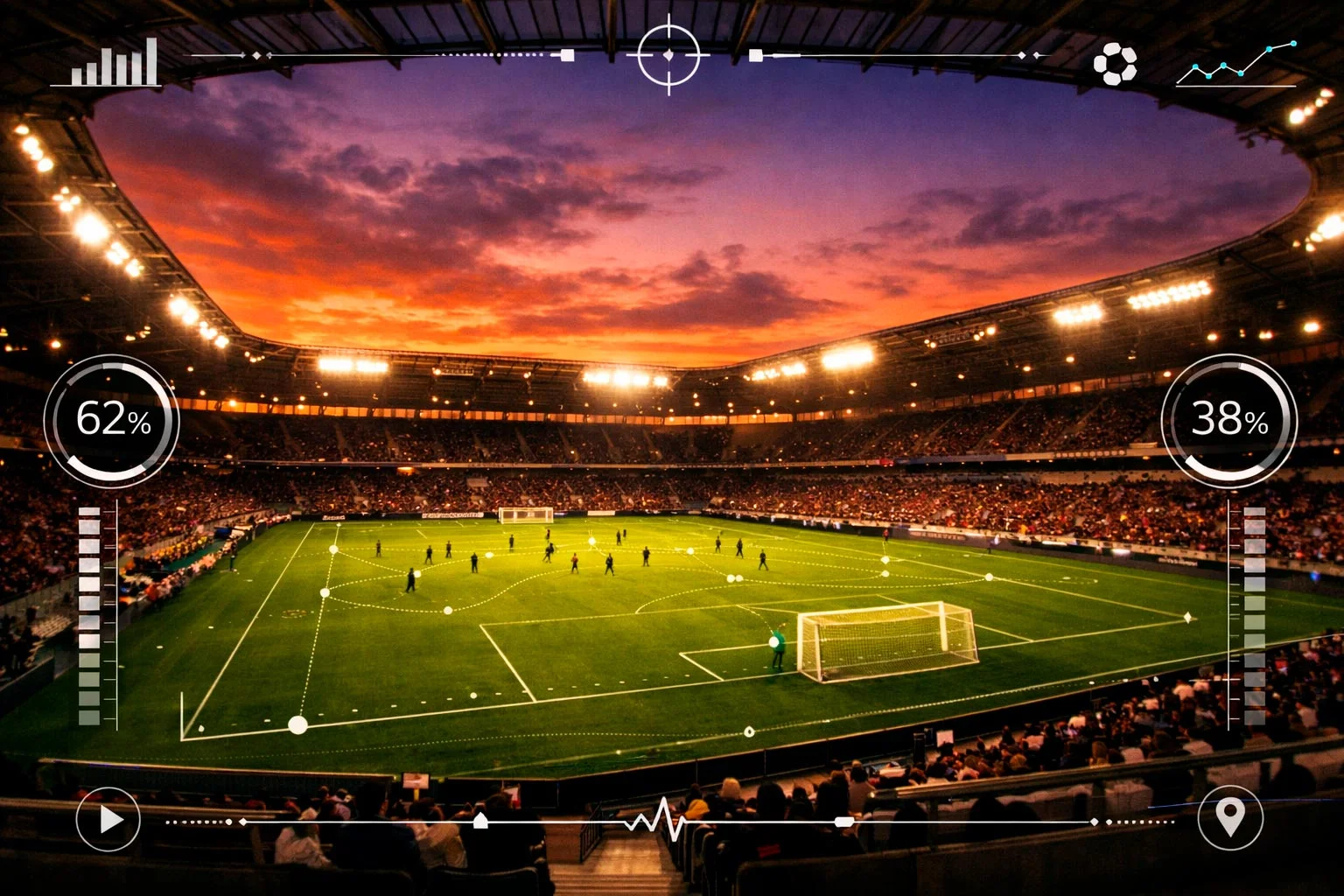 Stadio di calcio moderno con overlay di dati in tempo reale e analisi tecnologiche