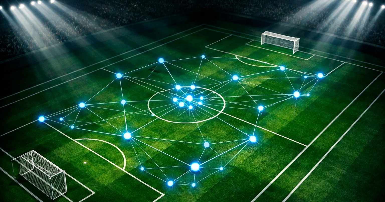 Rete neurale digitale sovrapposta a un campo da calcio con dati e statistiche