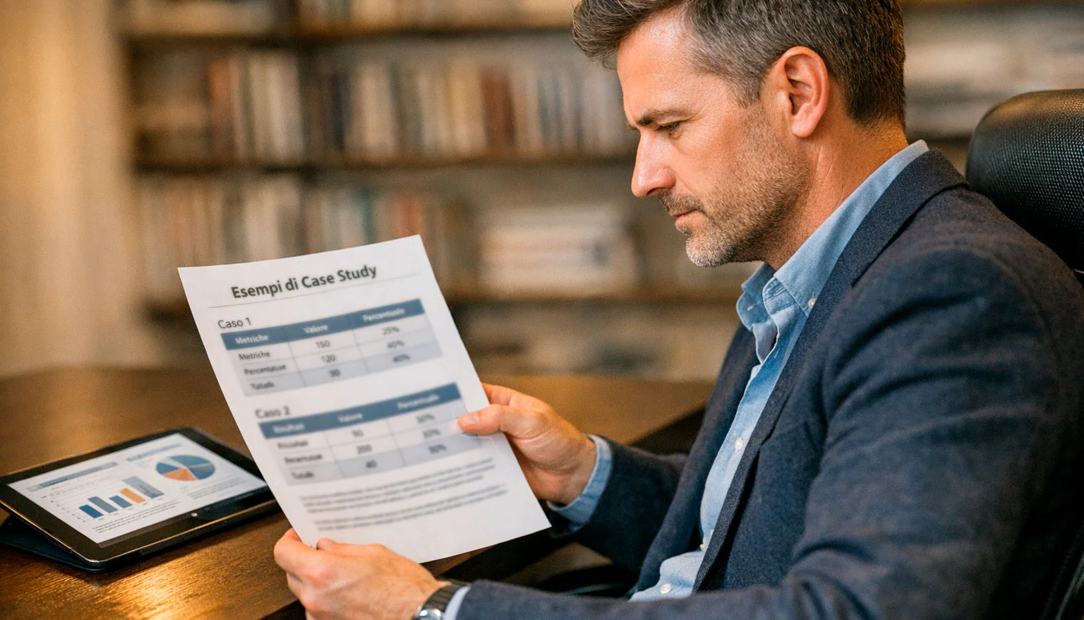 Analista che esamina report con esempi pratici