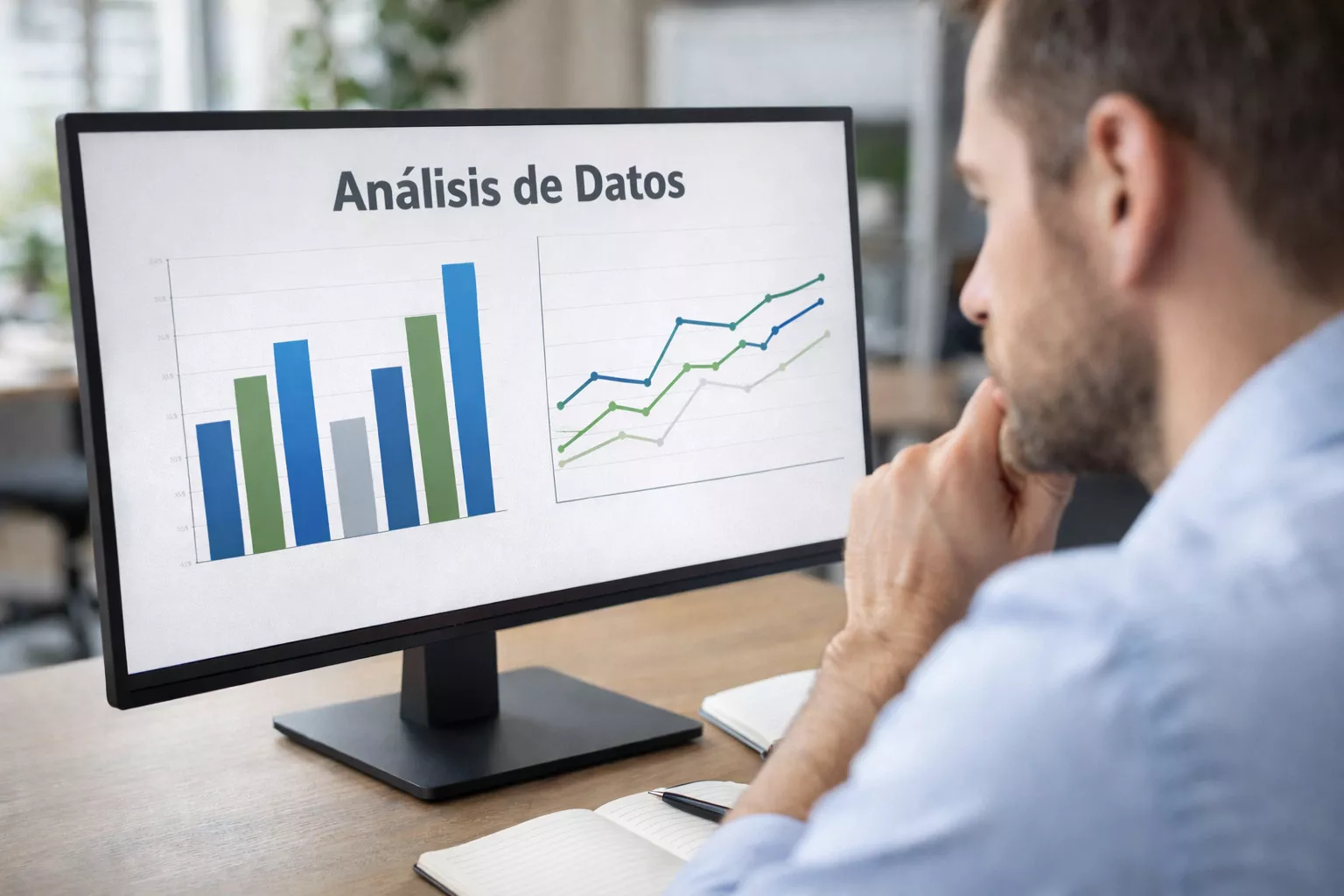 Analista che studia statistiche di calcio su monitor con grafici