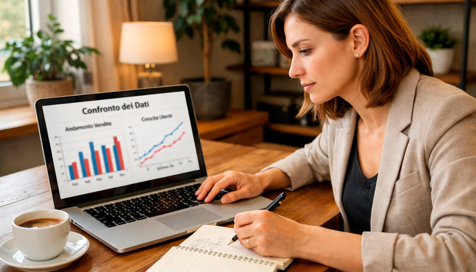 Professionista che confronta dati su laptop e appunti