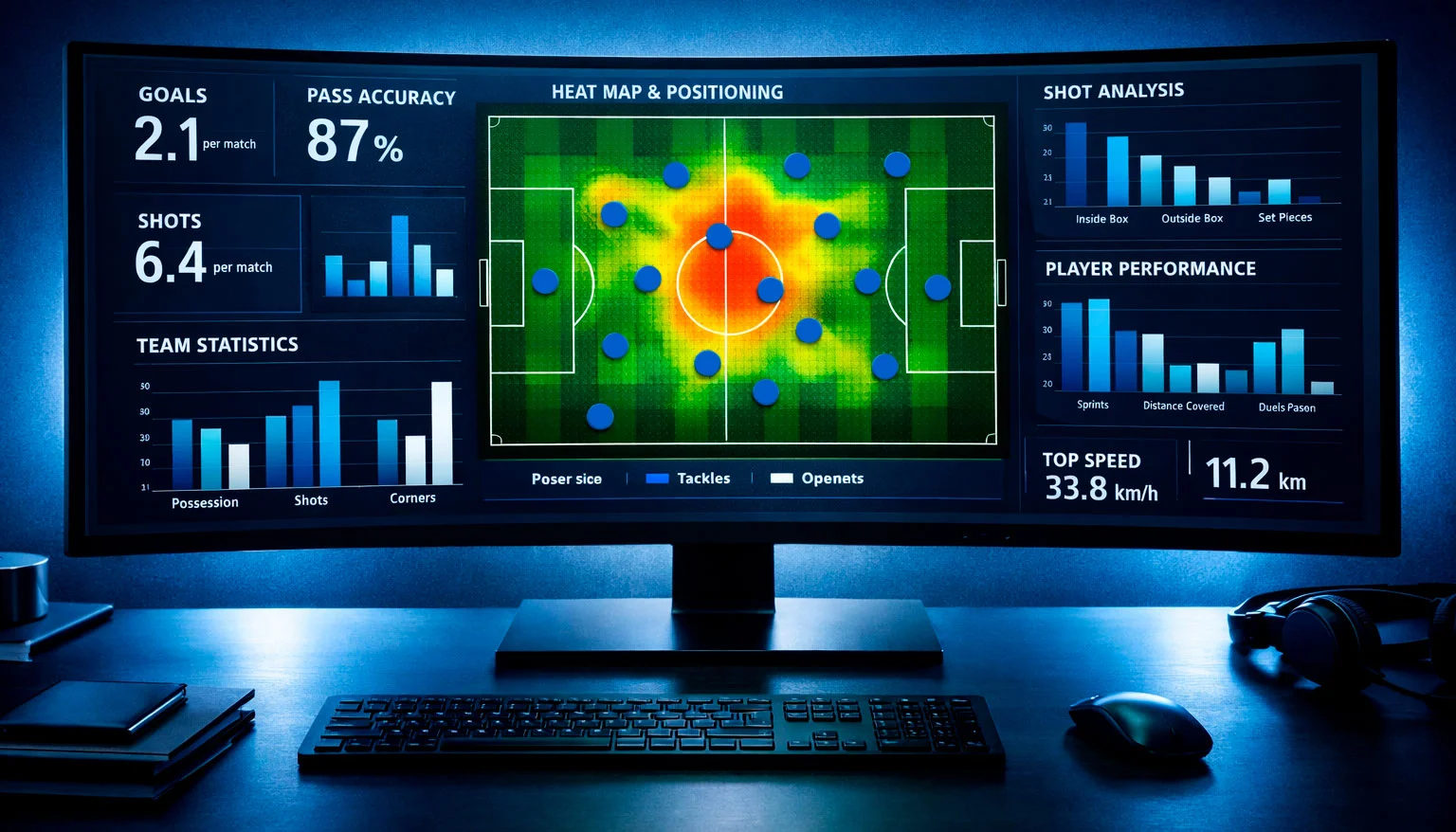Dashboard con statistiche di calcio e grafici su grande schermo