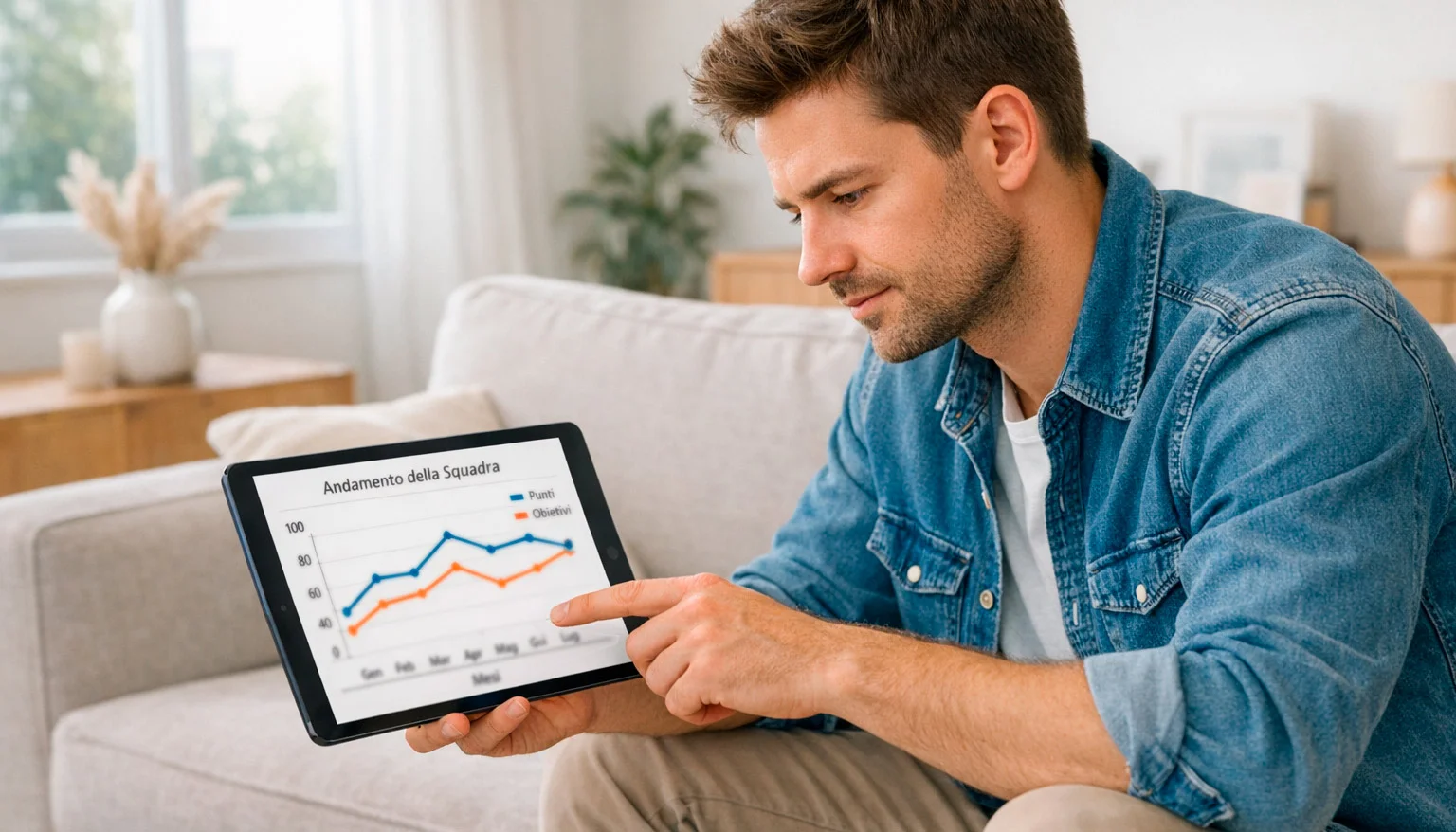 Analista che studia prestazioni di squadra su tablet