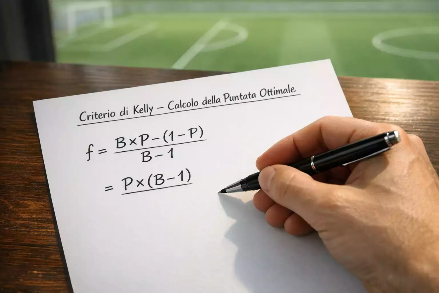 Mano che scrive formule matematiche su un foglio bianco accanto a un campo da calcio sfocato sullo sfondo