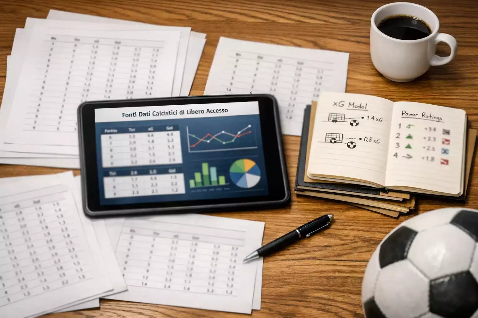 Raccolta di dati statistici sul calcio con documenti e appunti su un tavolo