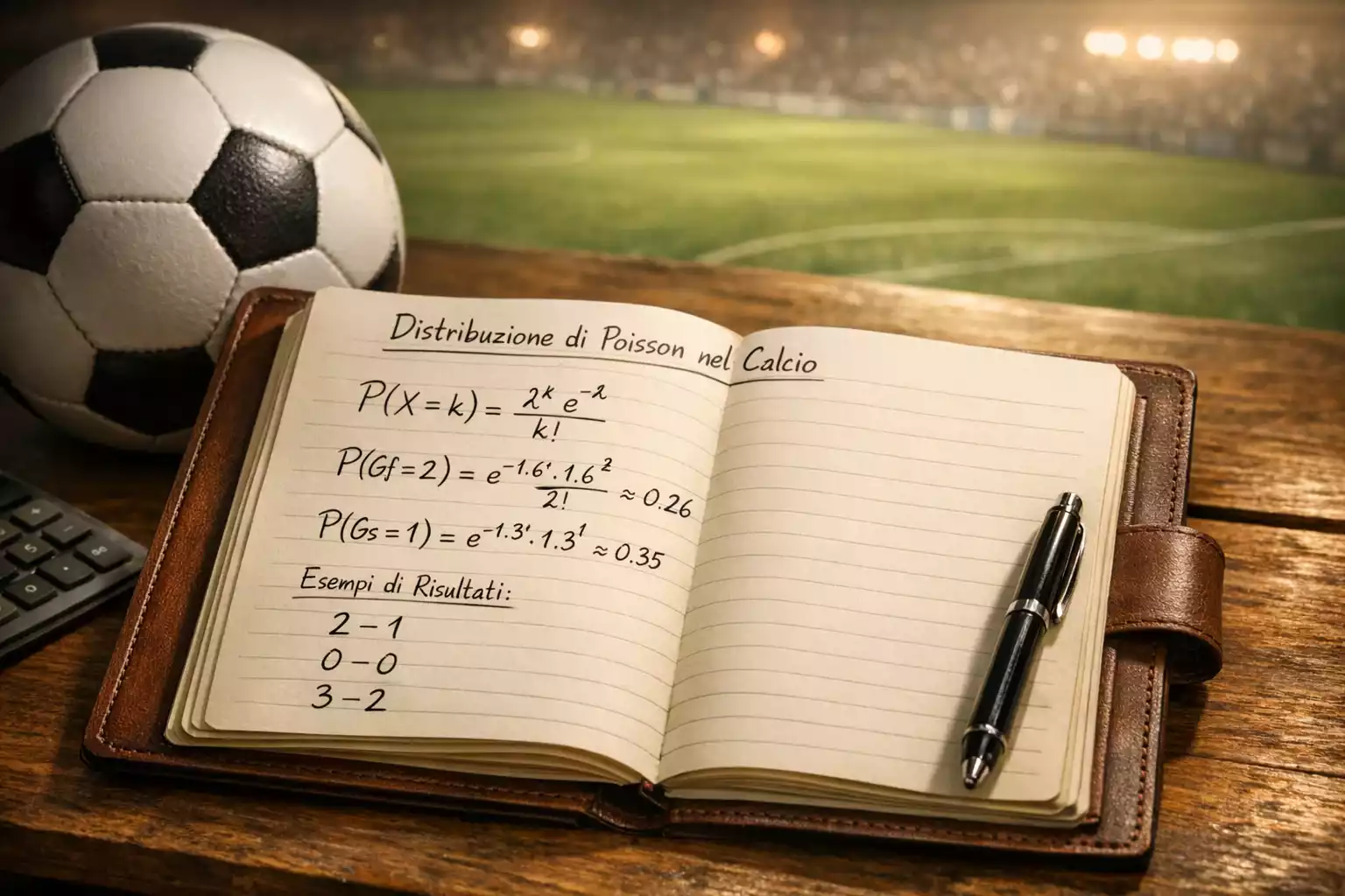 Quaderno di analisi su un campo da calcio con formule di probabilità e pallone sotto i riflettori dello stadio