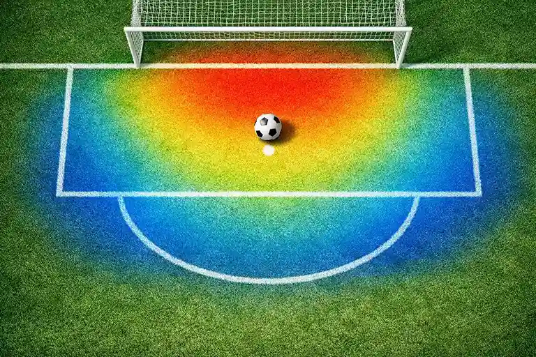 Tiro verso la porta su un campo da calcio visto dall'alto con zone colorate che indicano la probabilità di gol
