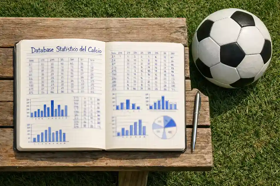 Quaderno con tabelle statistiche scritte a mano accanto a un pallone da calcio su un prato verde