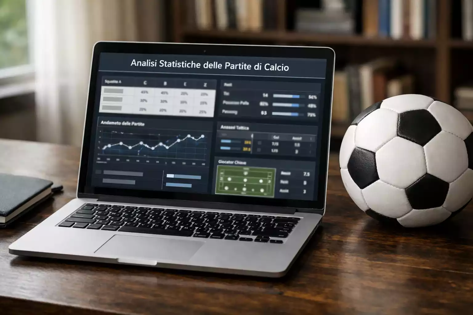 Schermo di un laptop con statistiche calcistiche su un tavolo accanto a un pallone da calcio