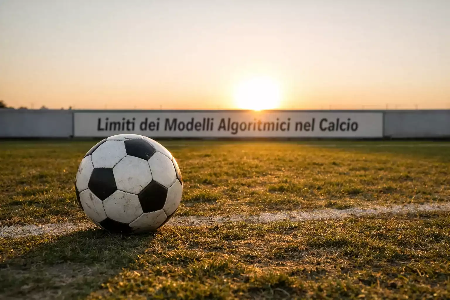 Pallone da calcio su un campo in controluce al tramonto con ombre lunghe e atmosfera riflessiva