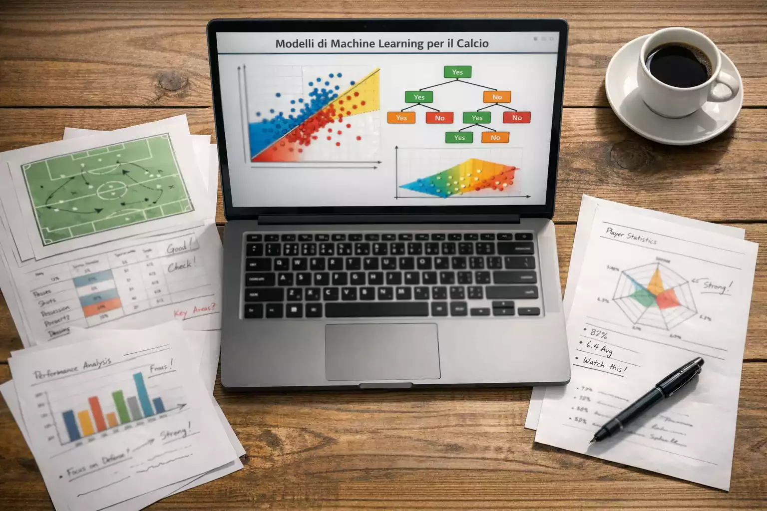 Analista davanti a schermi con dati statistici di calcio e modelli predittivi