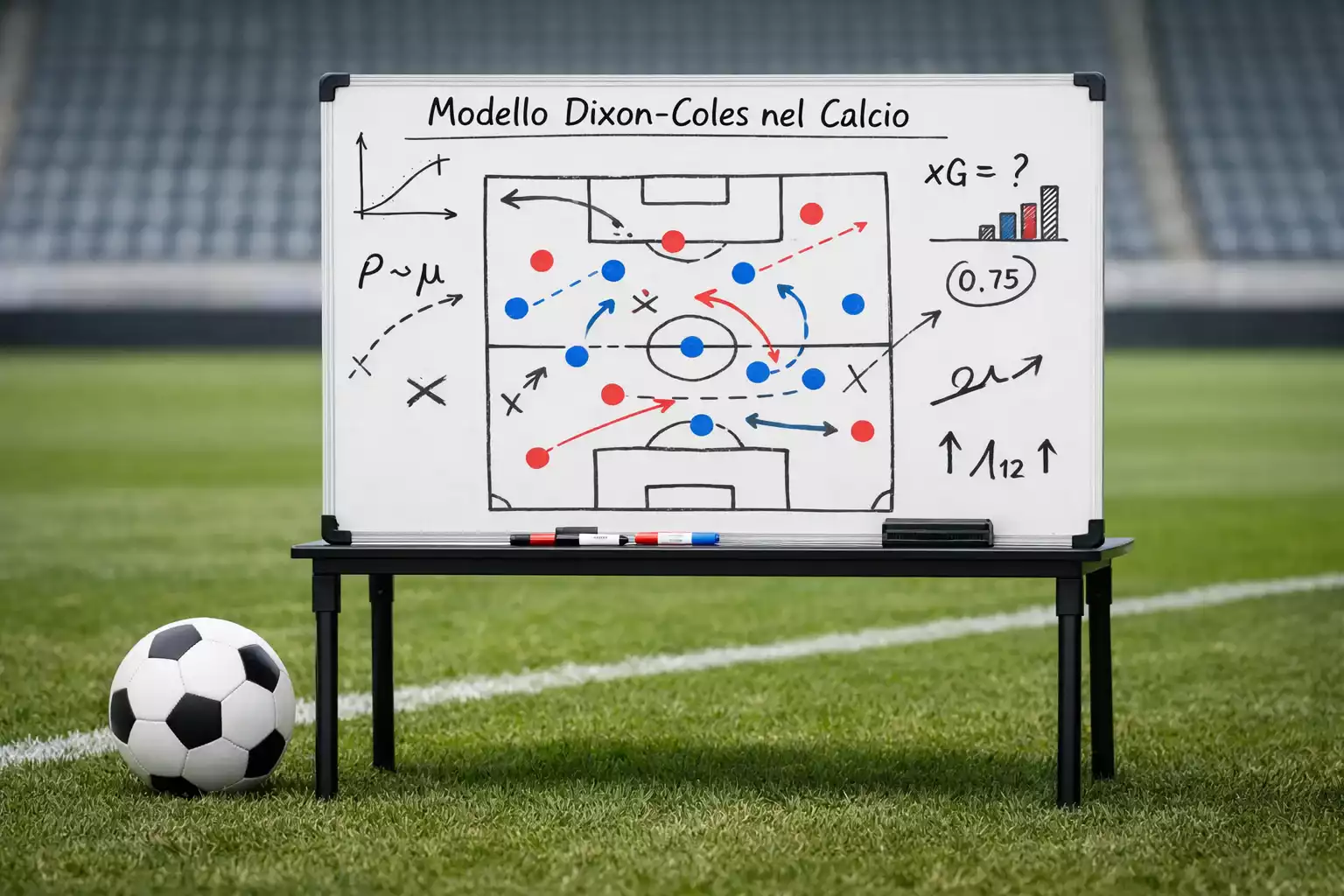 Lavagna tattica da calcio con appunti statistici accanto a un pallone su un campo da gioco illuminato