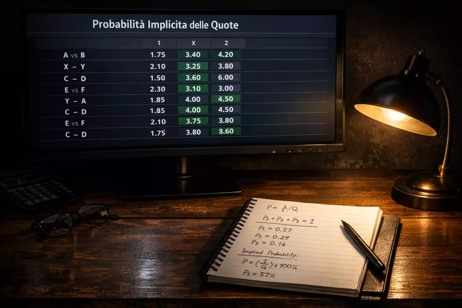 Schermo con quote di scommesse sportive in un ambiente di analisi con appunti e penna su un tavolo