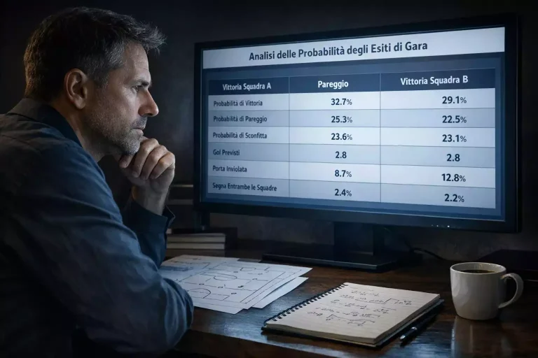 Analista sportivo studia statistiche di una partita di calcio su un monitor con appunti tattici