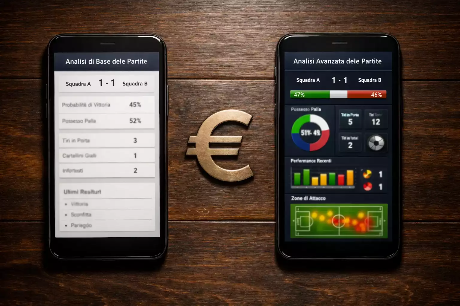 Due schermi affiancati che mostrano pronostici calcistici gratuiti e premium a confronto