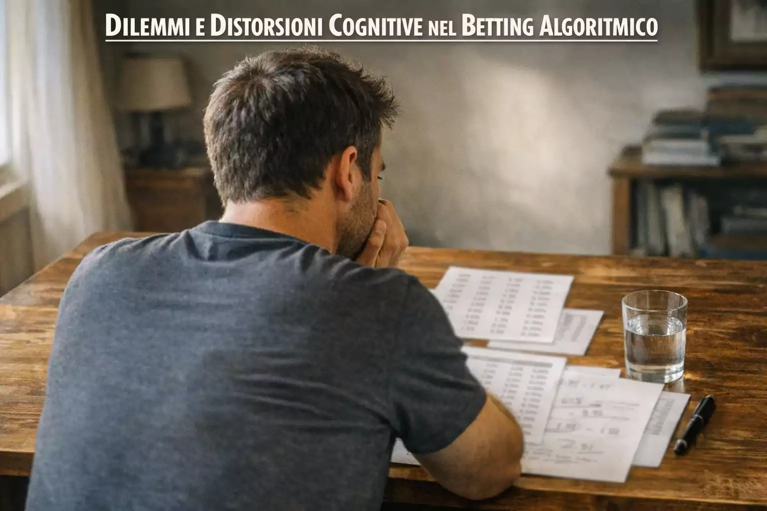 Uomo pensieroso davanti a fogli di statistiche sportive con espressione concentrata