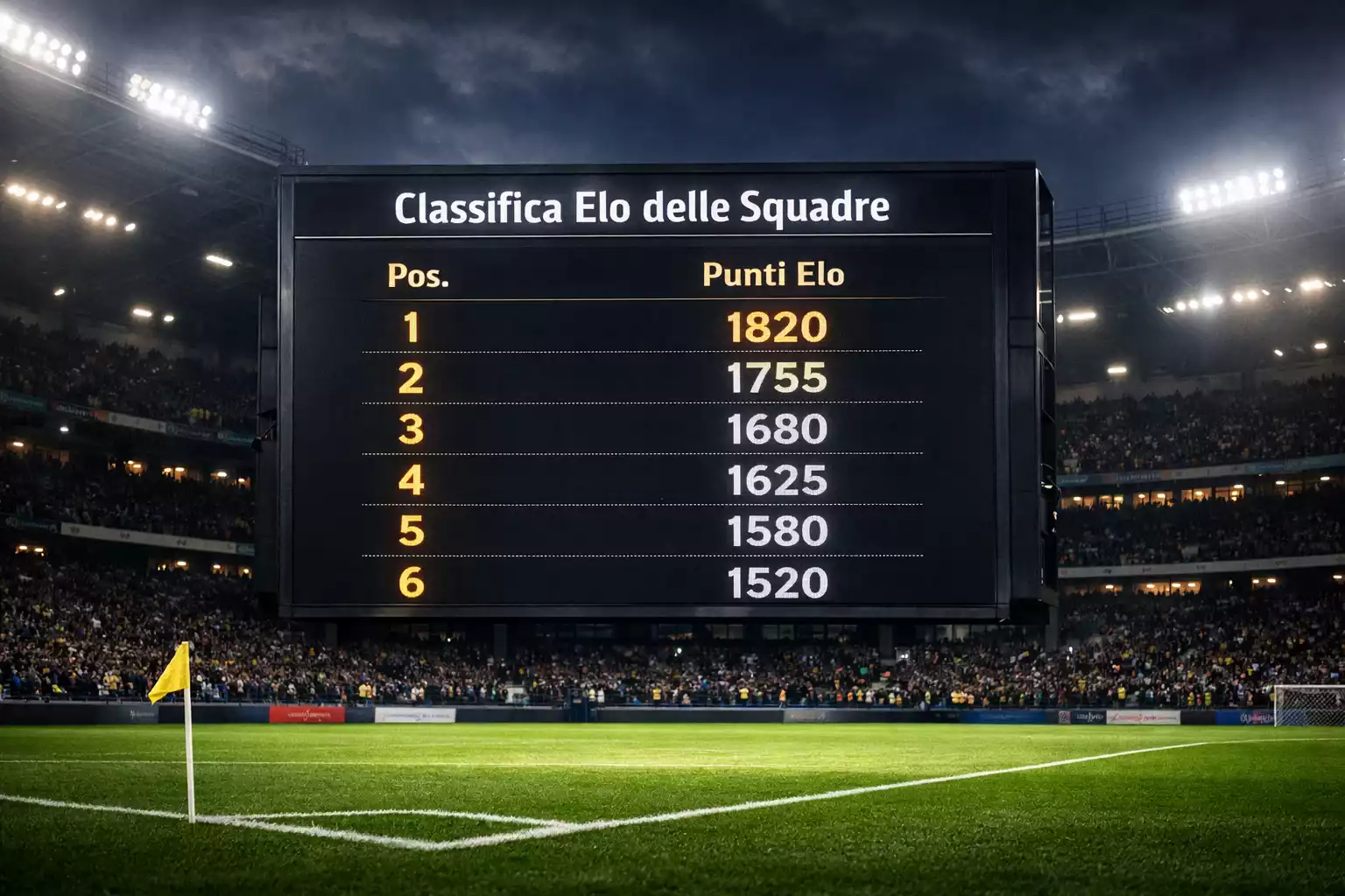 Tabellone di classifica in uno stadio di calcio con riflettori accesi e campo verde sullo sfondo