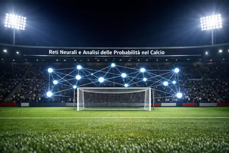 Rete neurale stilizzata sovrapposta a un campo da calcio illuminato di notte