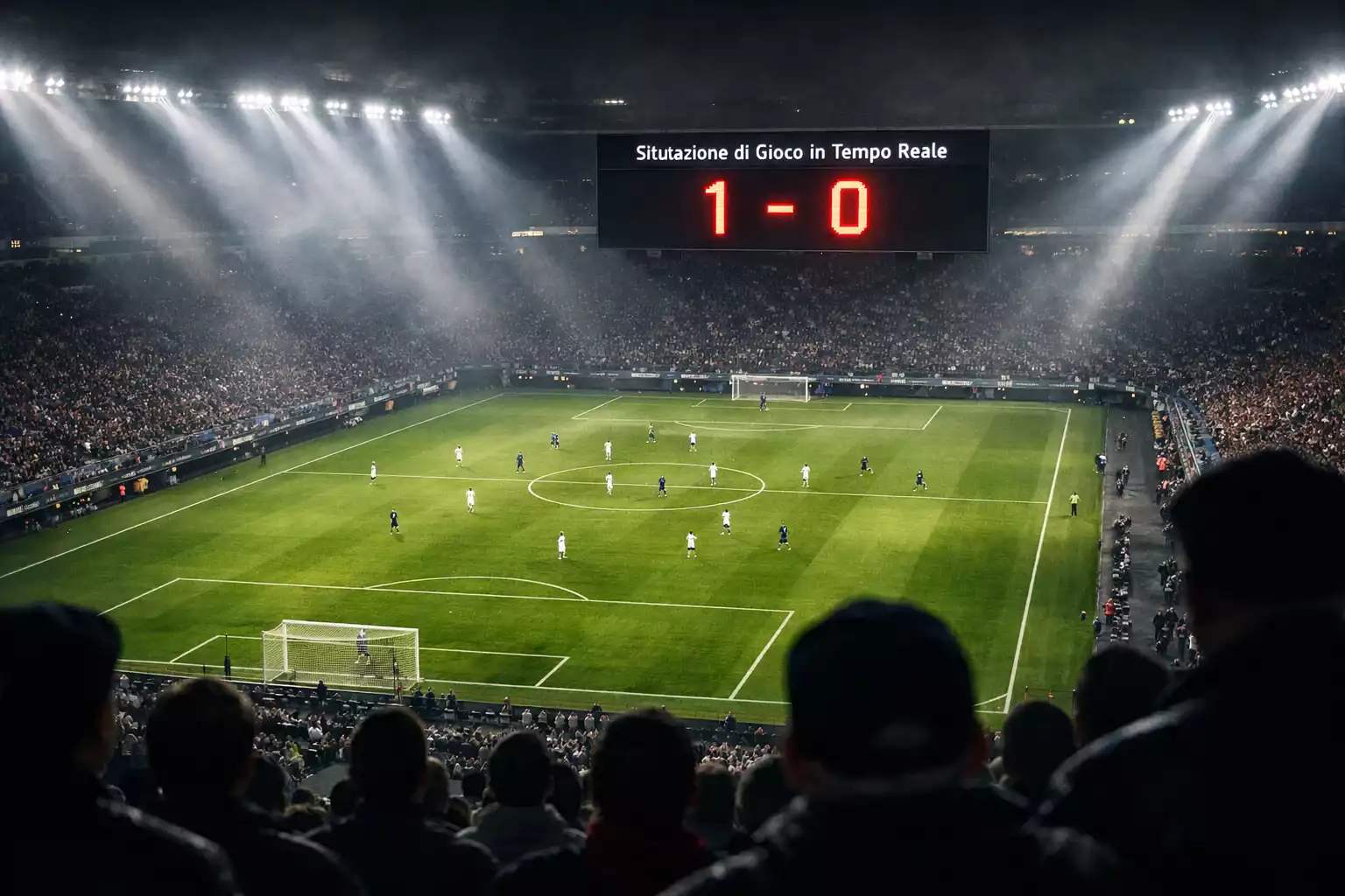 Stadio di calcio illuminato di notte con tabellone segnapunti visibile e tifosi sugli spalti