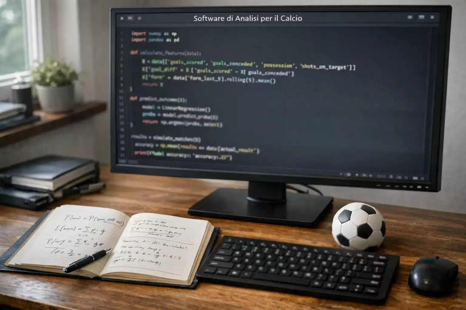 Postazione con PC desktop e codice Python sullo schermo in una stanza con luce naturale