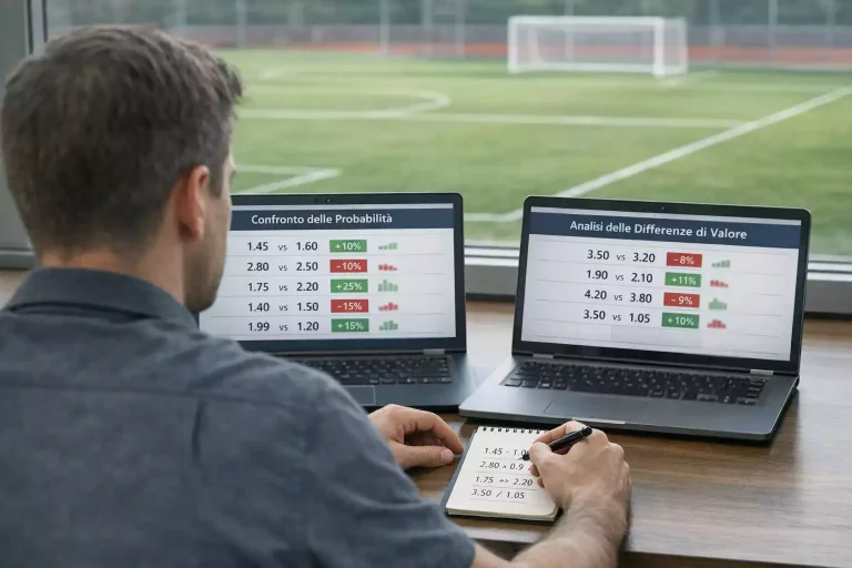 Persona confronta quote di scommesse sportive su più schermi con un campo da calcio sullo sfondo