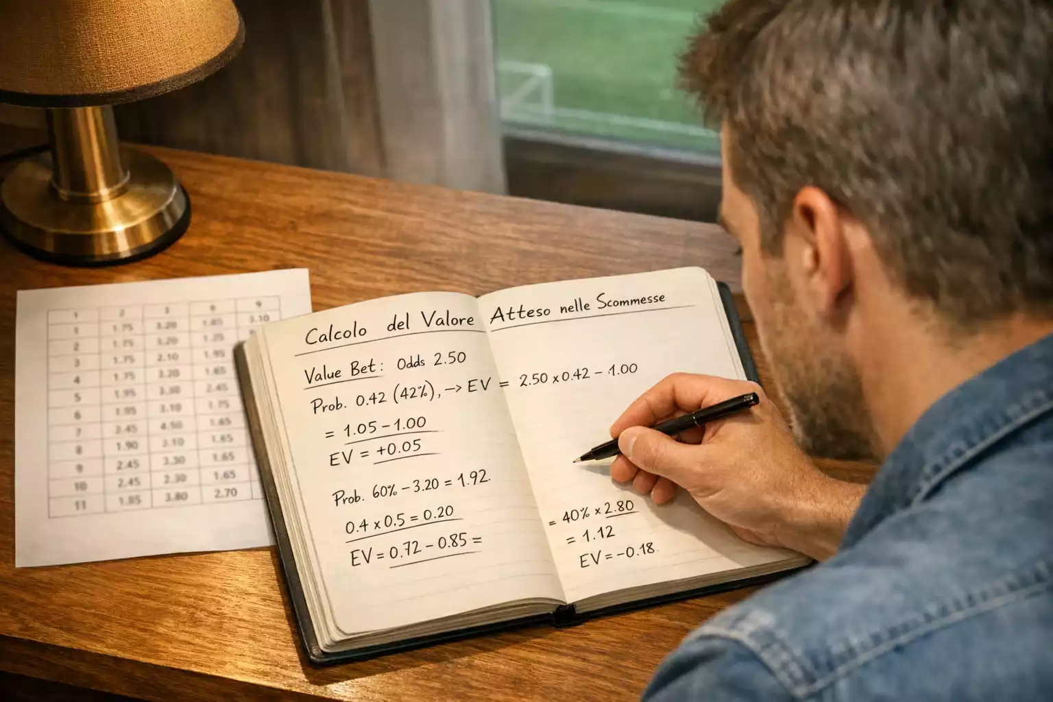 Uomo analizza probabilità di scommesse sportive su un quaderno con appunti e statistiche di calcio